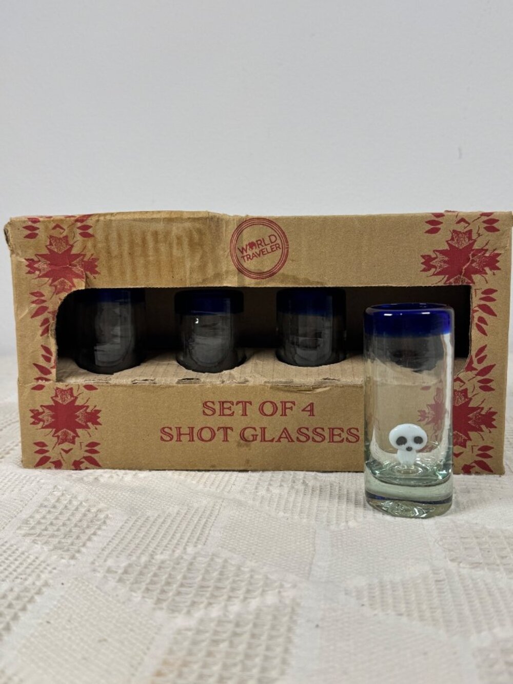 Set Of 4 Handblown Shot Glasses w Blue Rim Skull Design Mexico Goth Halloween